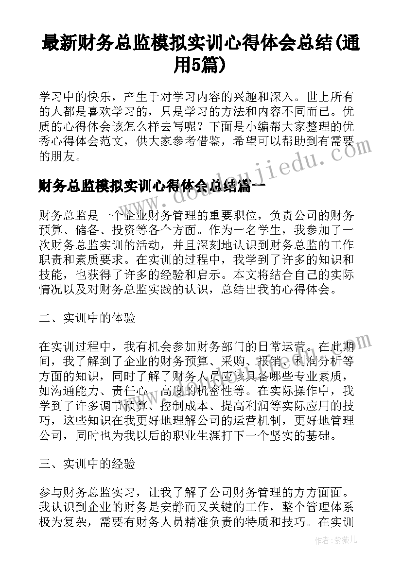 最新财务总监模拟实训心得体会总结(通用5篇)