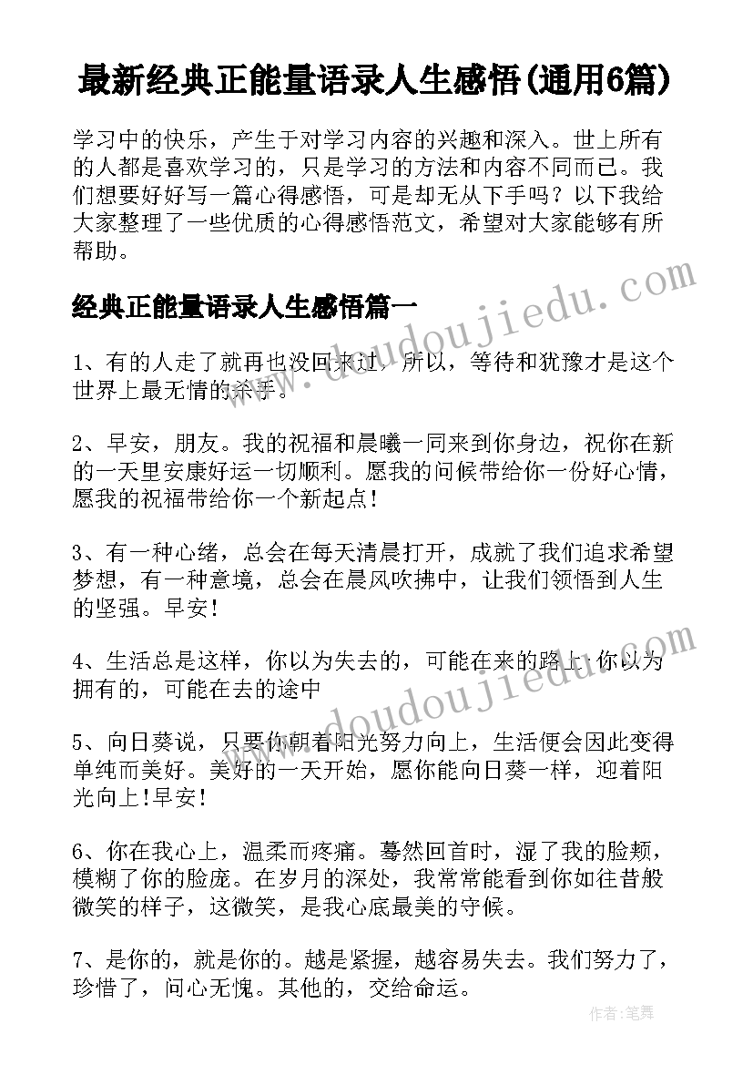 最新经典正能量语录人生感悟(通用6篇)