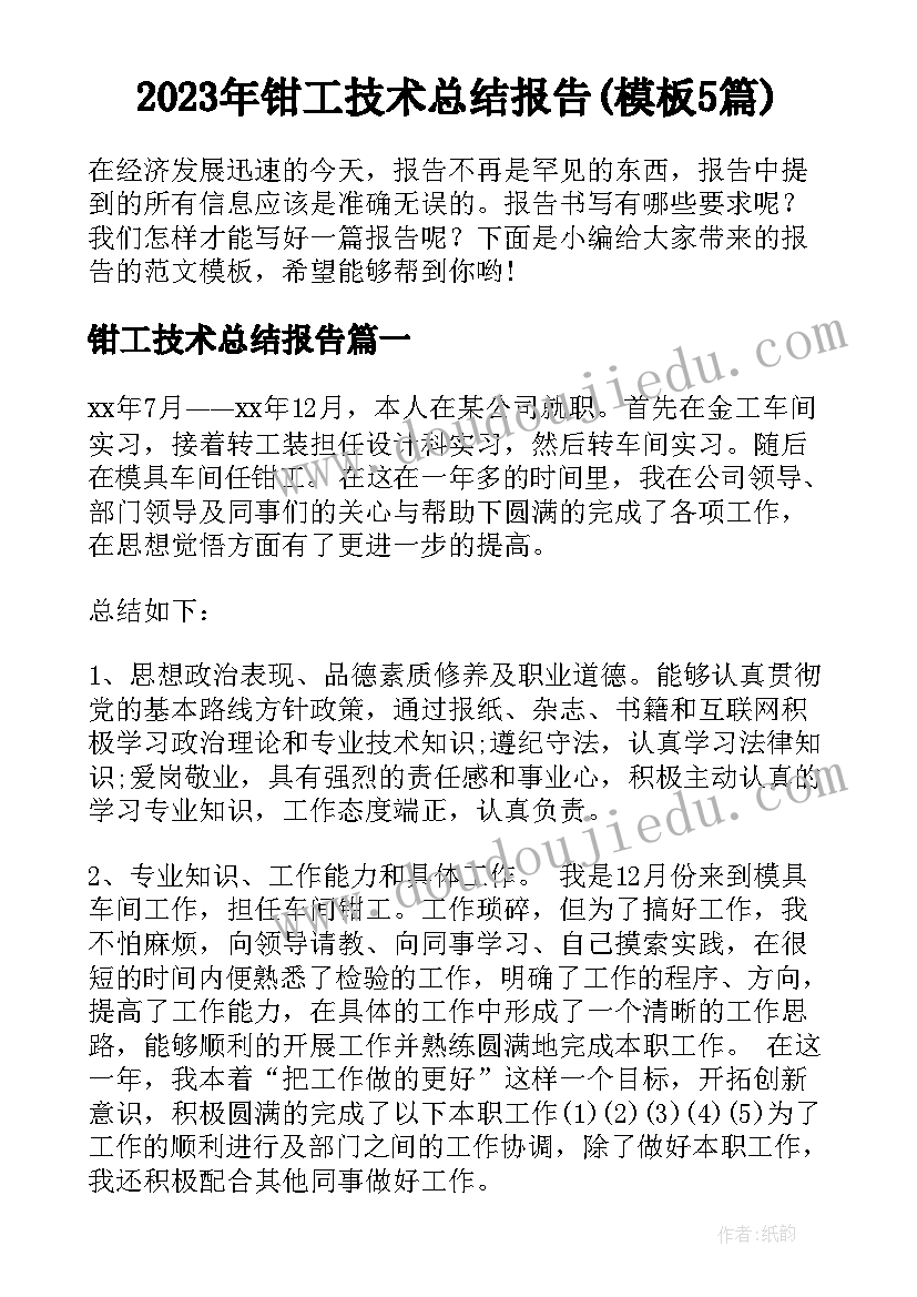 2023年钳工技术总结报告(模板5篇)