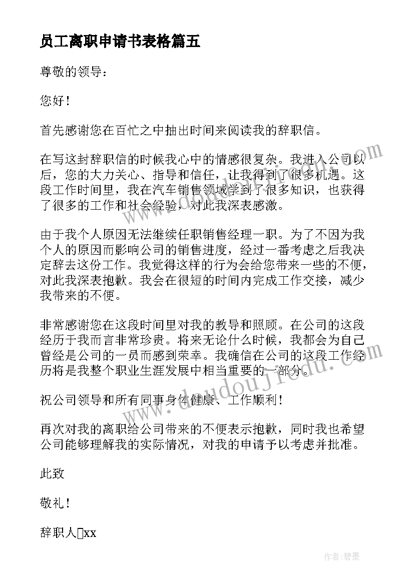 2023年员工离职申请书表格(通用7篇)