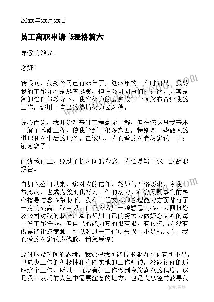 2023年员工离职申请书表格(通用7篇)