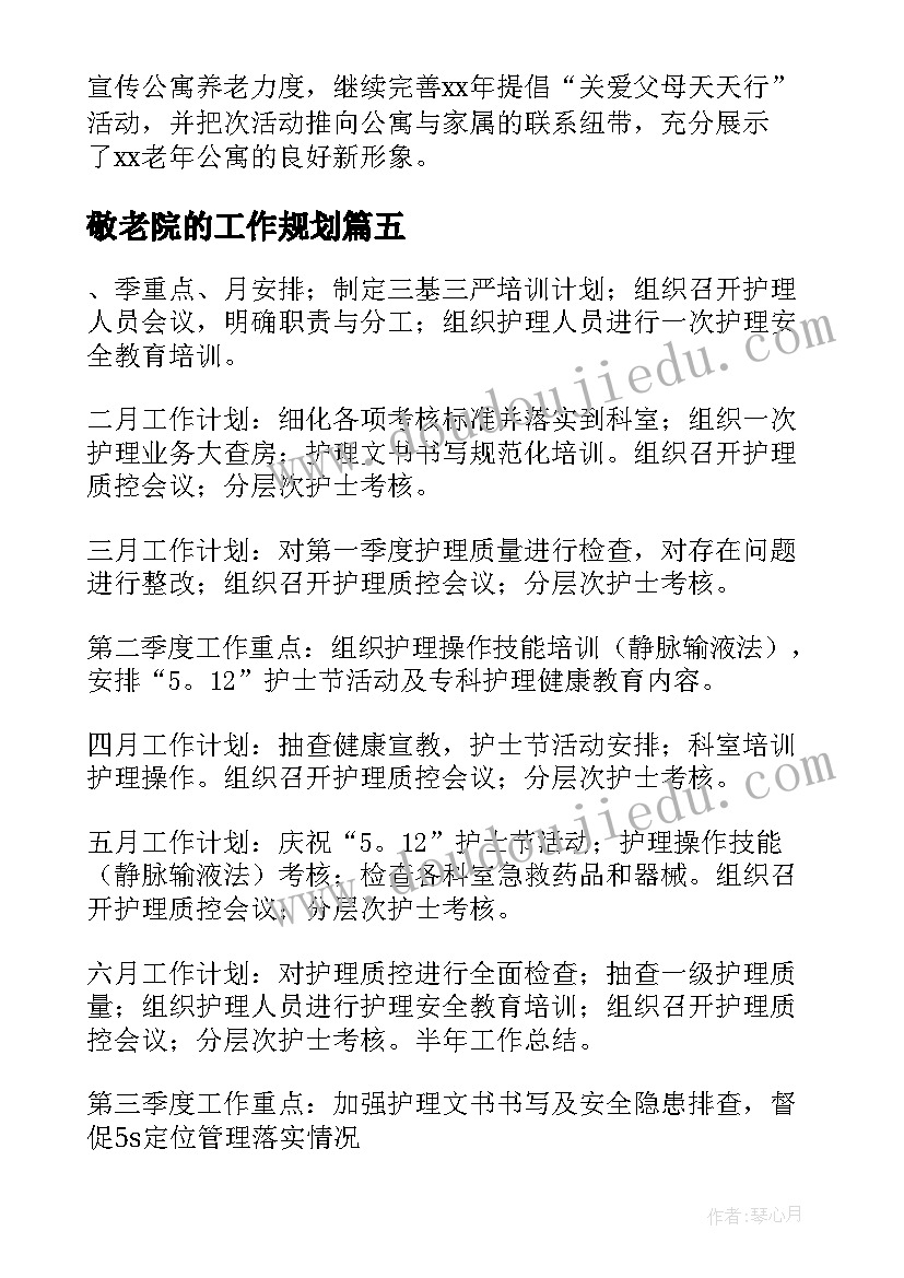 2023年敬老院的工作规划(实用5篇)