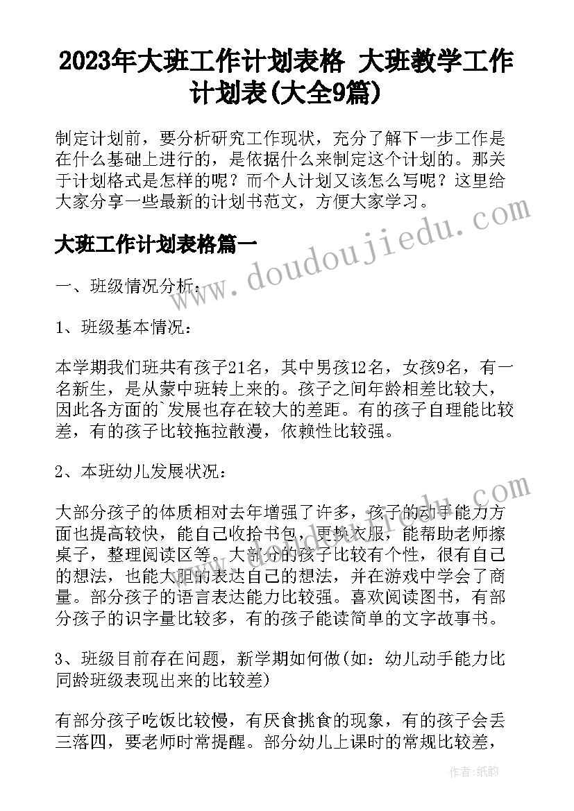 2023年大班工作计划表格 大班教学工作计划表(大全9篇)