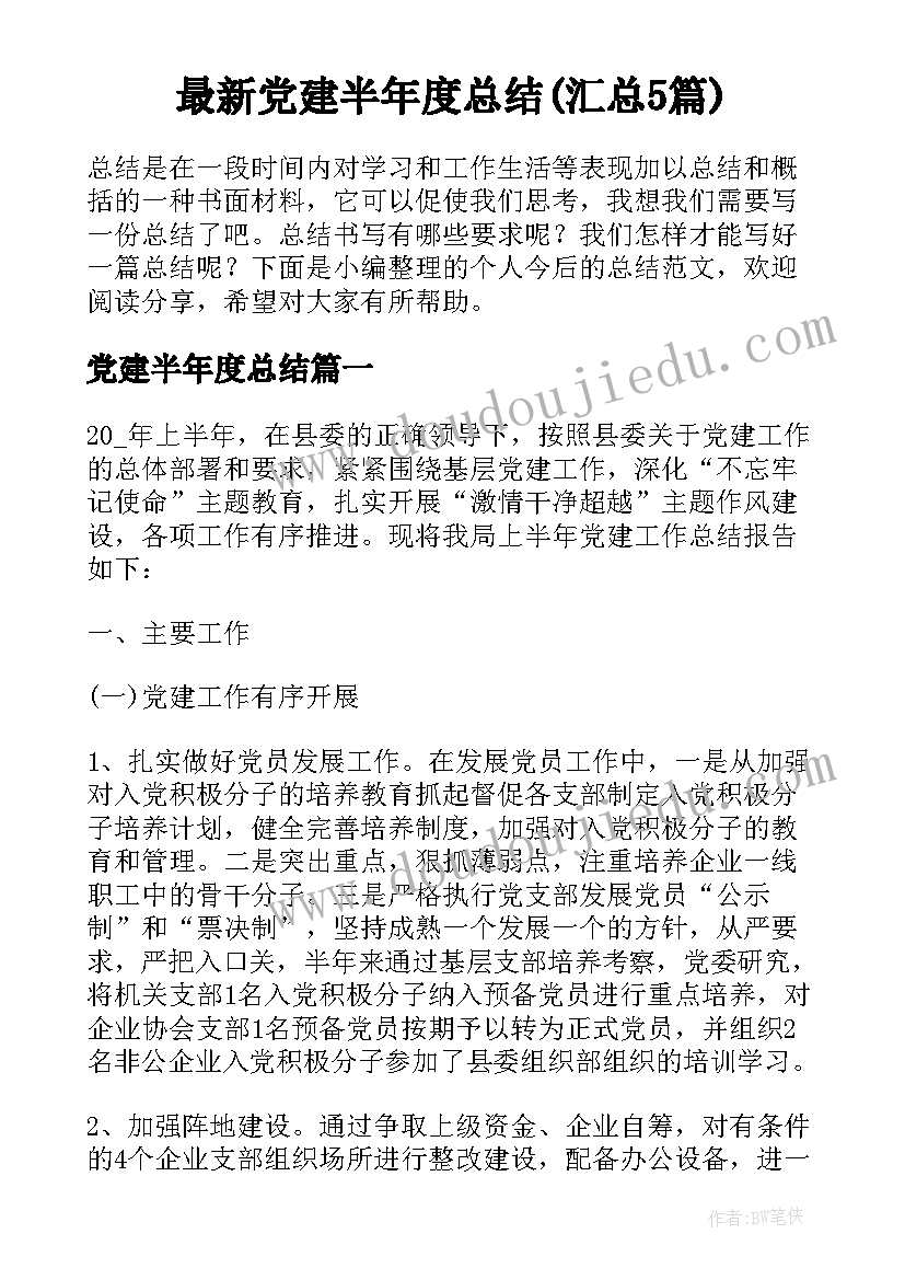 最新党建半年度总结(汇总5篇)