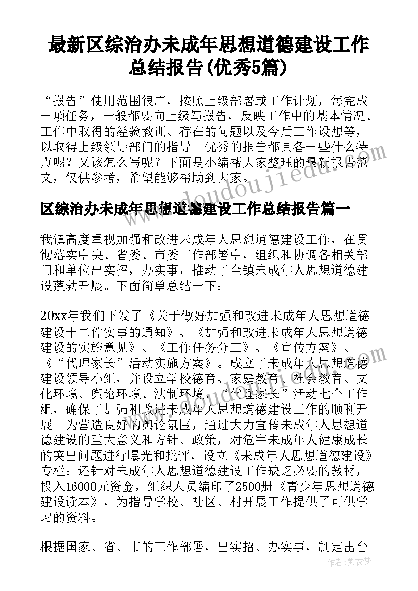 最新区综治办未成年思想道德建设工作总结报告(优秀5篇)