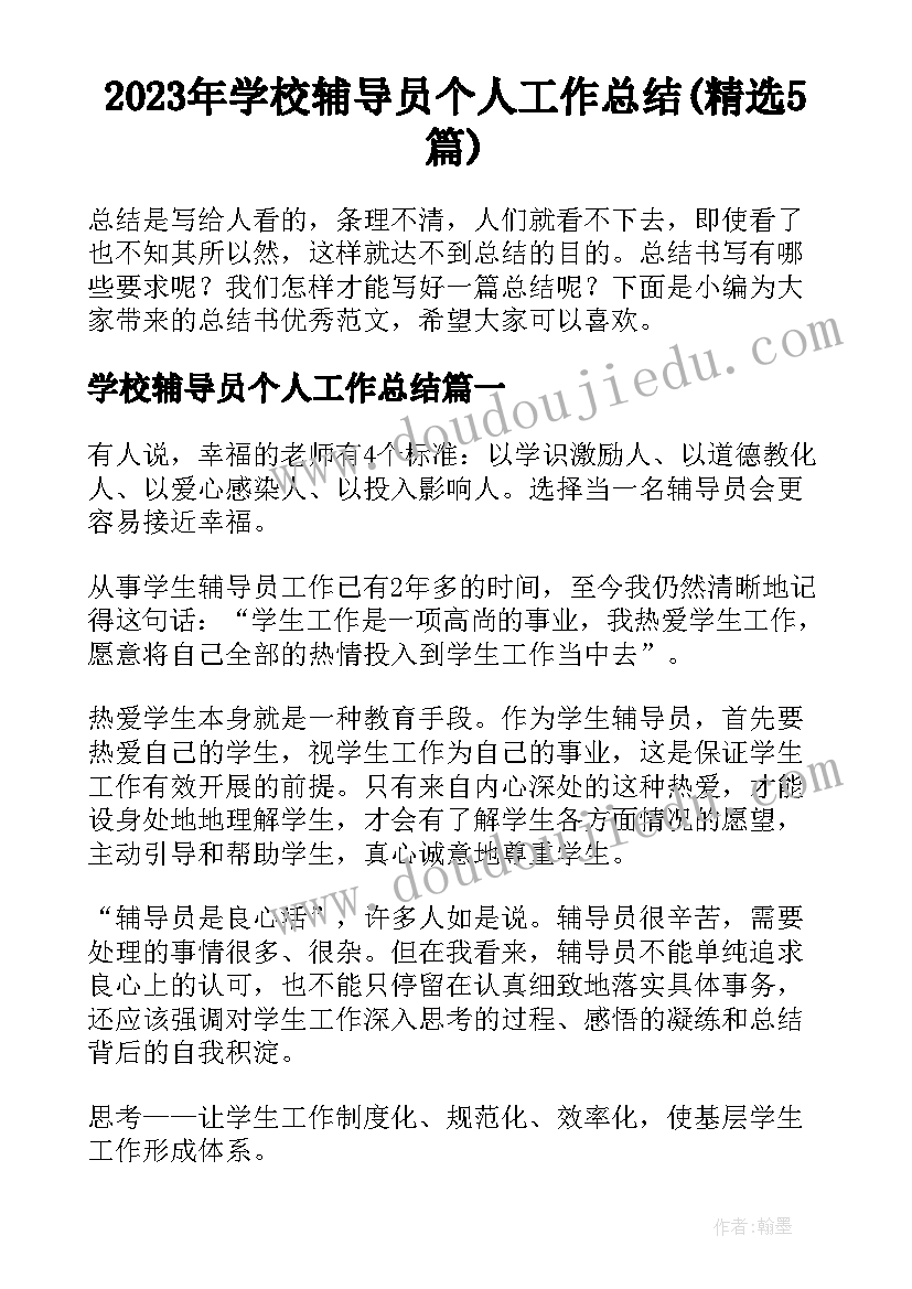 2023年学校辅导员个人工作总结(精选5篇)