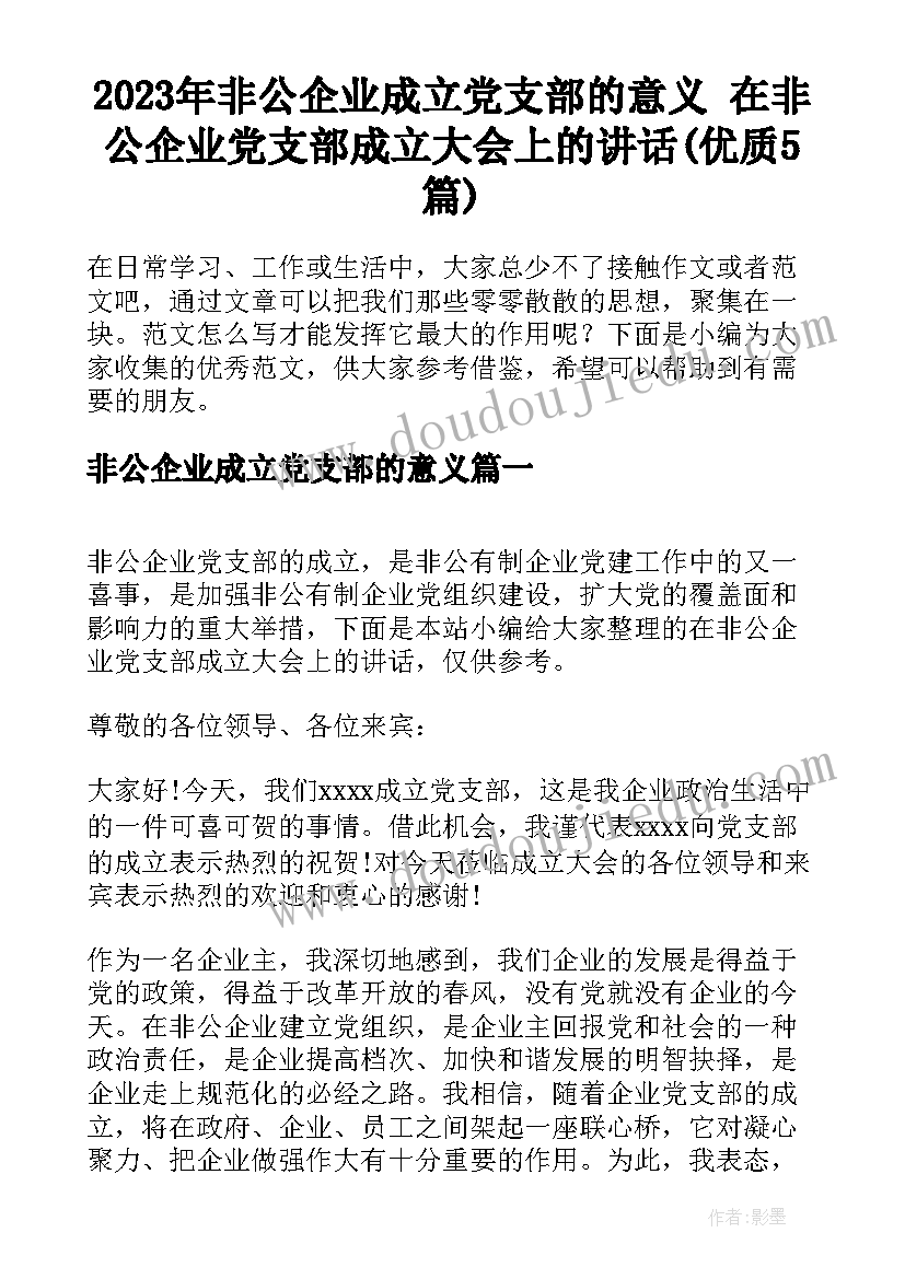 2023年非公企业成立党支部的意义 在非公企业党支部成立大会上的讲话(优质5篇)