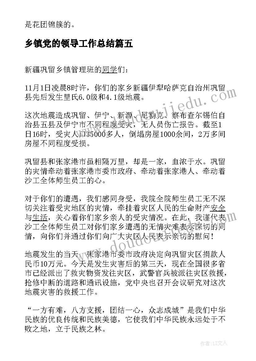 2023年乡镇党的领导工作总结 乡镇辅导心得体会(精选8篇)