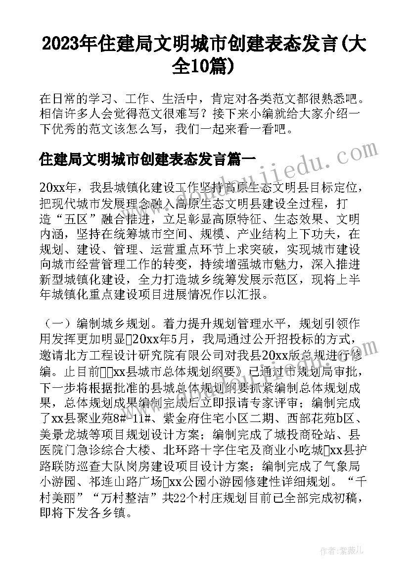 2023年住建局文明城市创建表态发言(大全10篇)