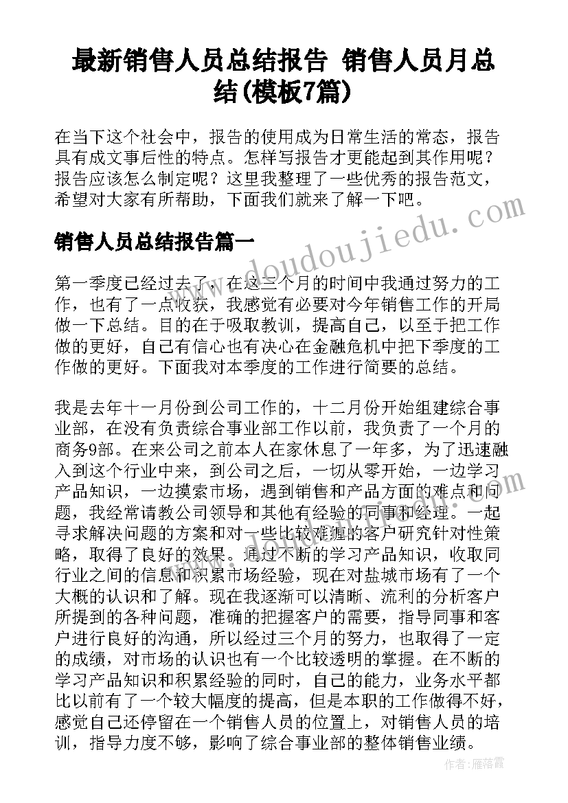 最新销售人员总结报告 销售人员月总结(模板7篇)