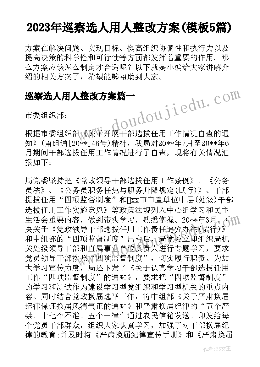 2023年巡察选人用人整改方案(模板5篇)