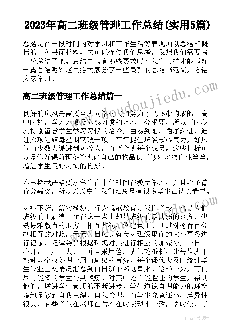 2023年高二班级管理工作总结(实用5篇)