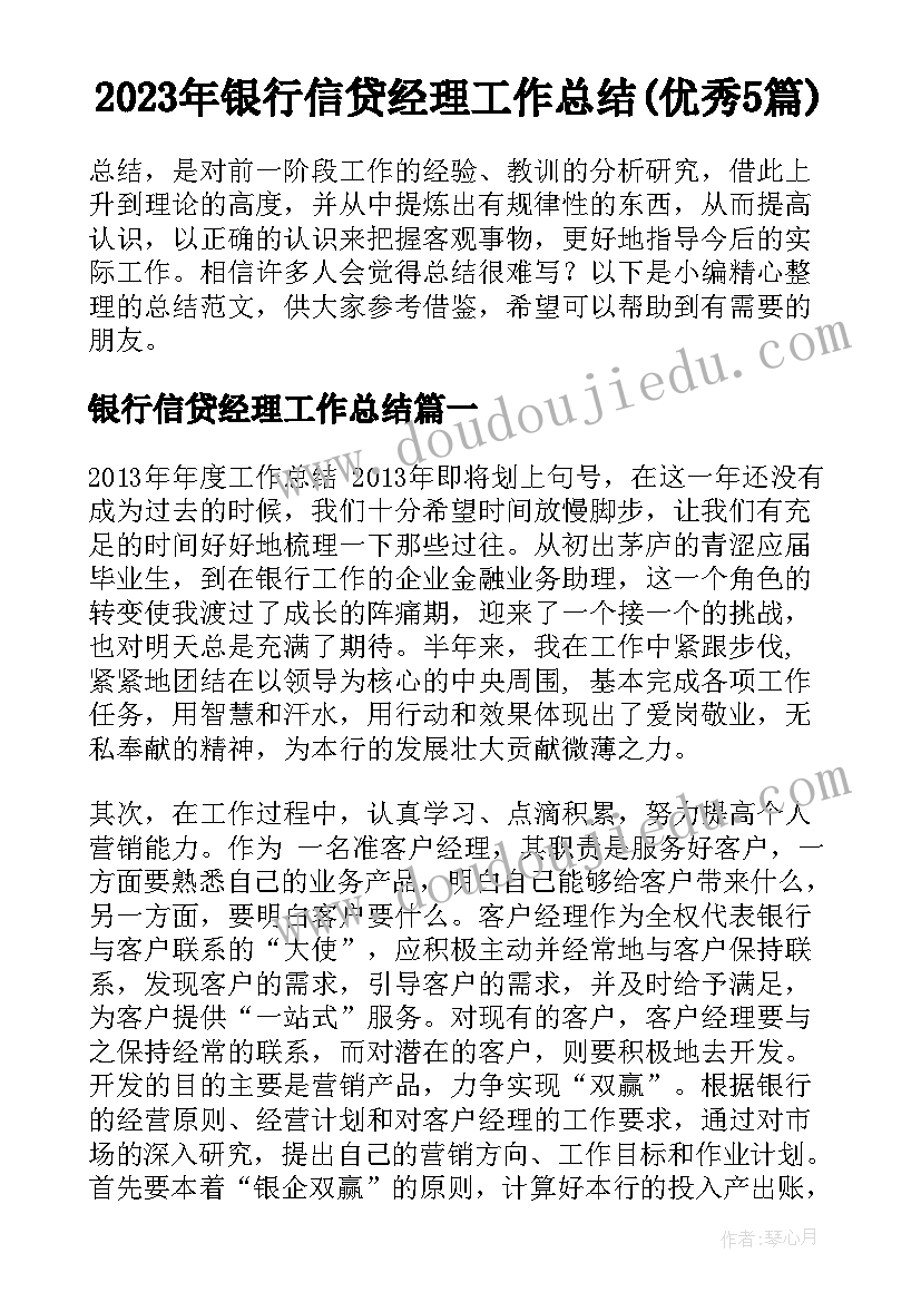 2023年银行信贷经理工作总结(优秀5篇)