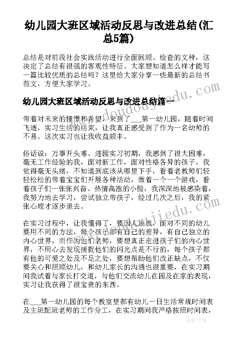 幼儿园大班区域活动反思与改进总结(汇总5篇)