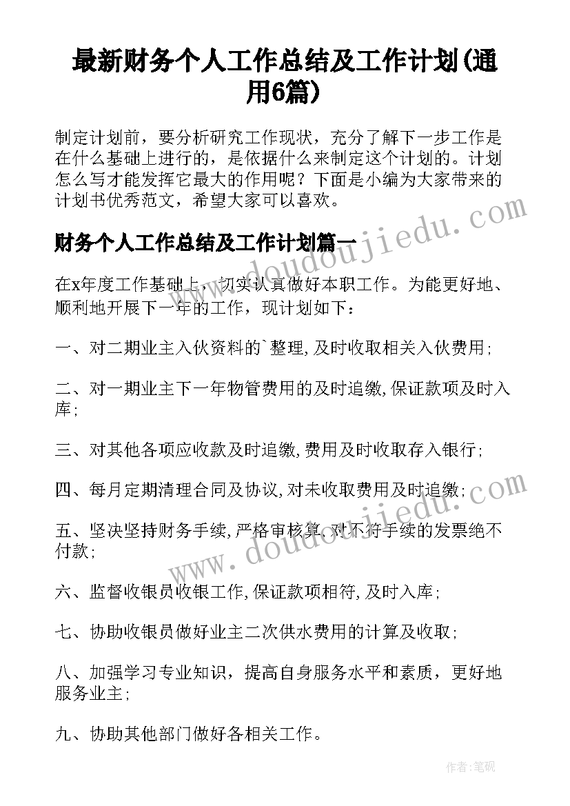 最新财务个人工作总结及工作计划(通用6篇)