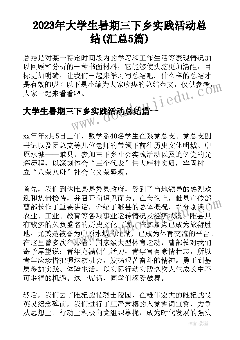 2023年大学生暑期三下乡实践活动总结(汇总5篇)