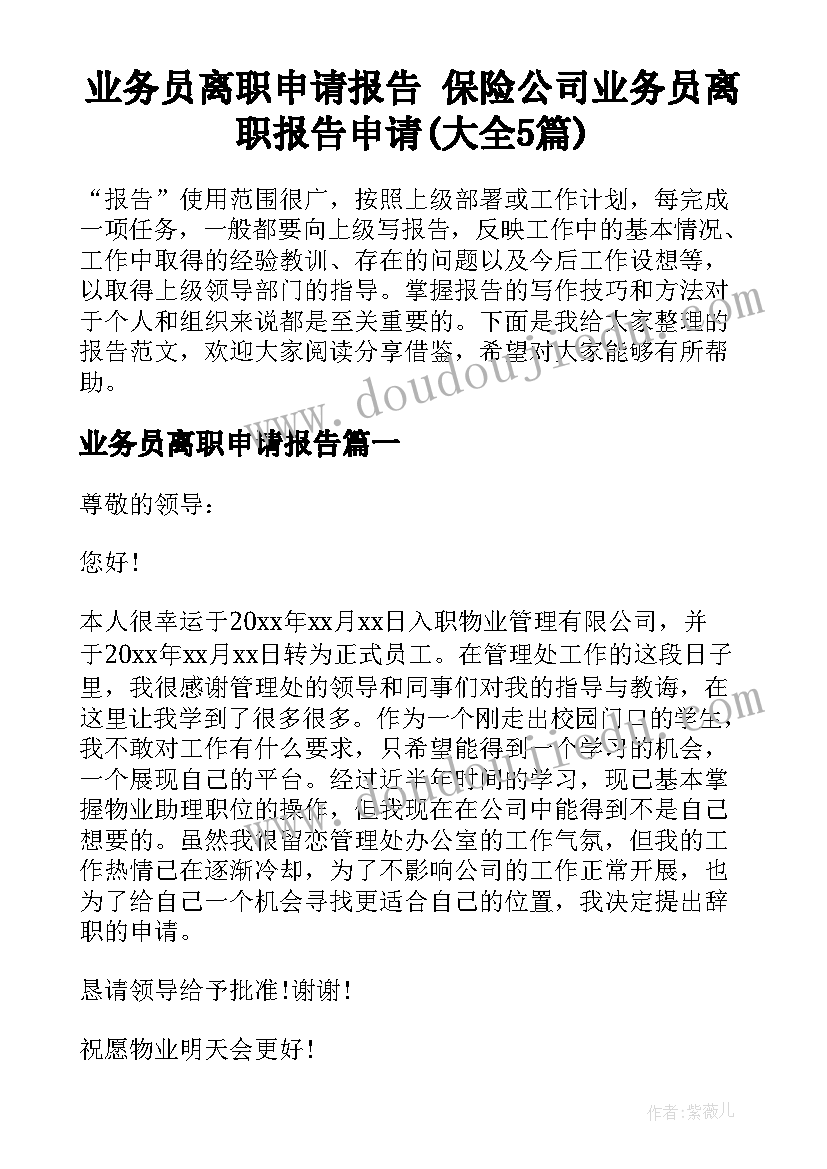 业务员离职申请报告 保险公司业务员离职报告申请(大全5篇)