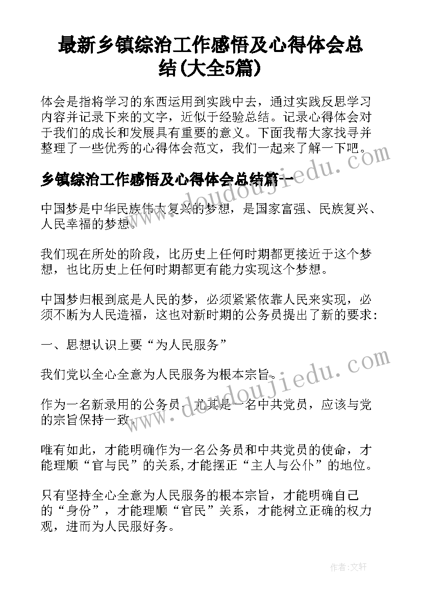 最新乡镇综治工作感悟及心得体会总结(大全5篇)