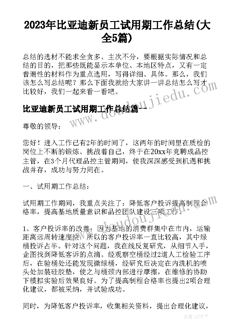 2023年比亚迪新员工试用期工作总结(大全5篇)