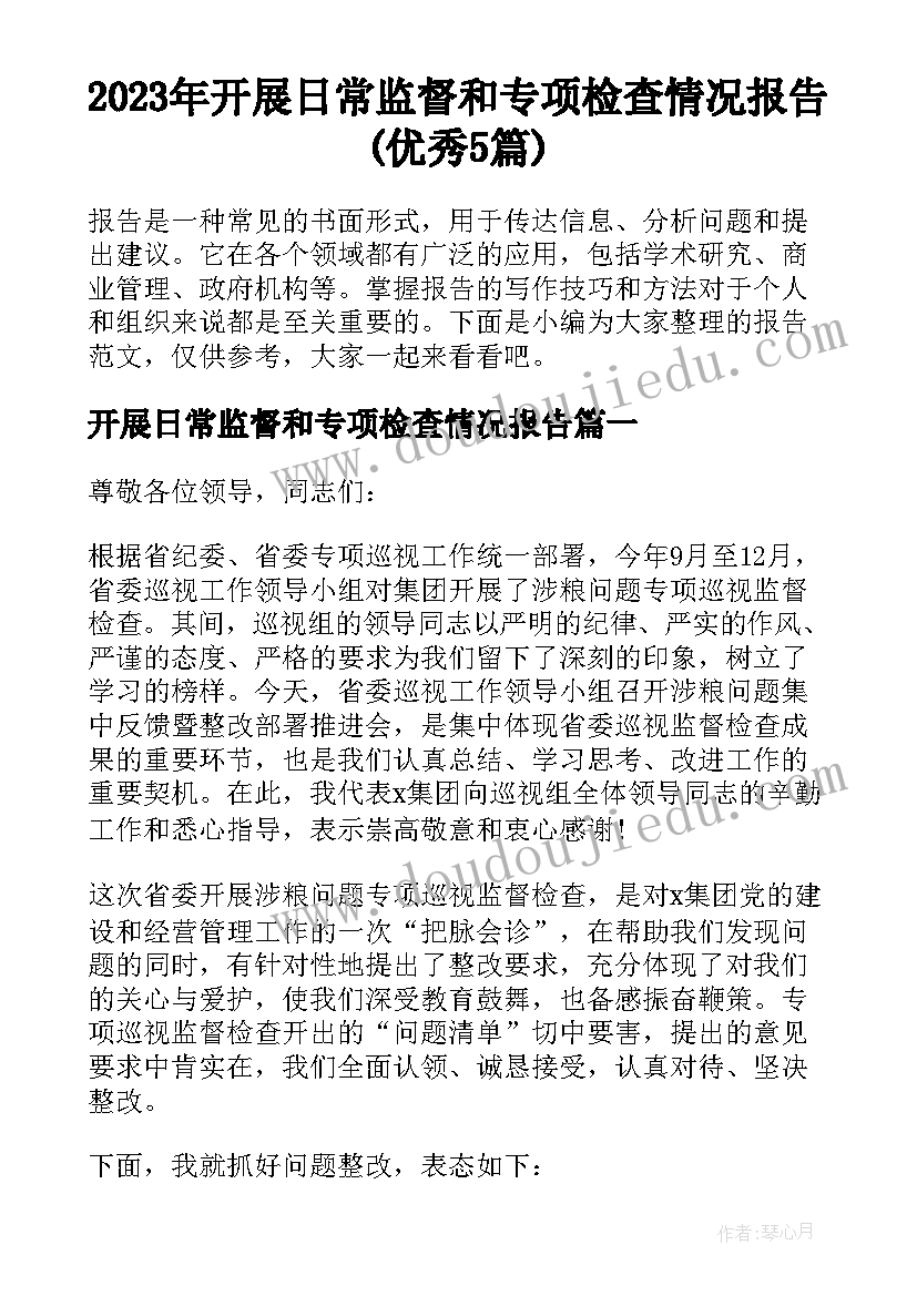 2023年开展日常监督和专项检查情况报告(优秀5篇)