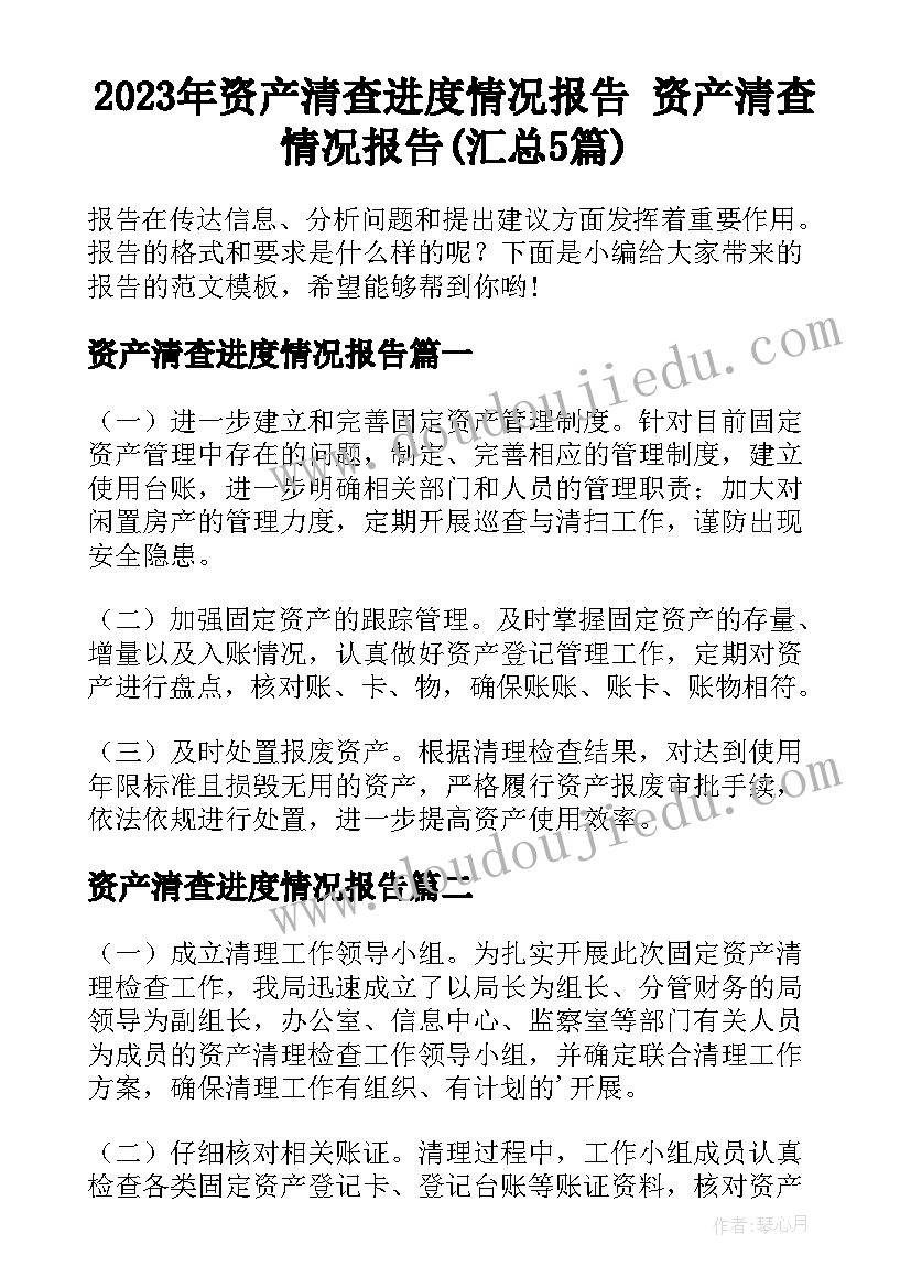 2023年资产清查进度情况报告 资产清查情况报告(汇总5篇)