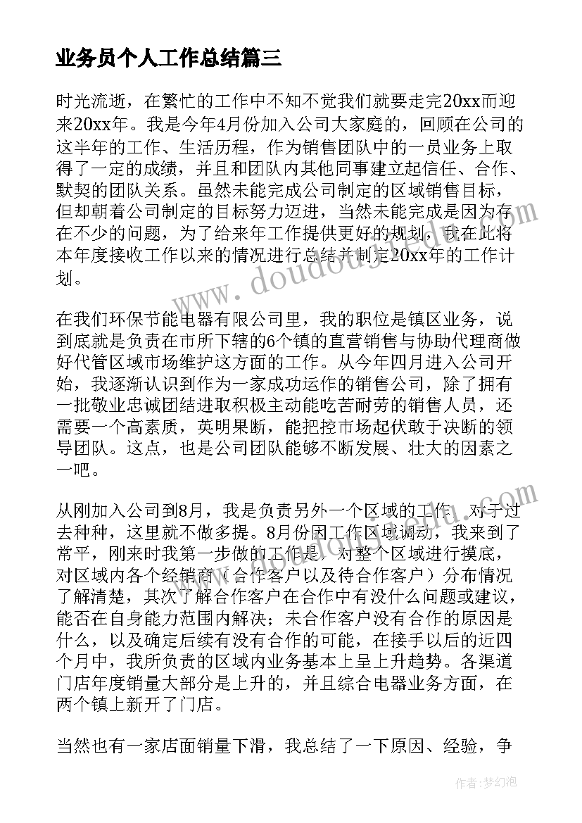 业务员个人工作总结(通用8篇)