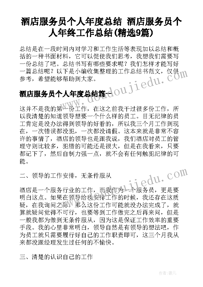 酒店服务员个人年度总结 酒店服务员个人年终工作总结(精选9篇)