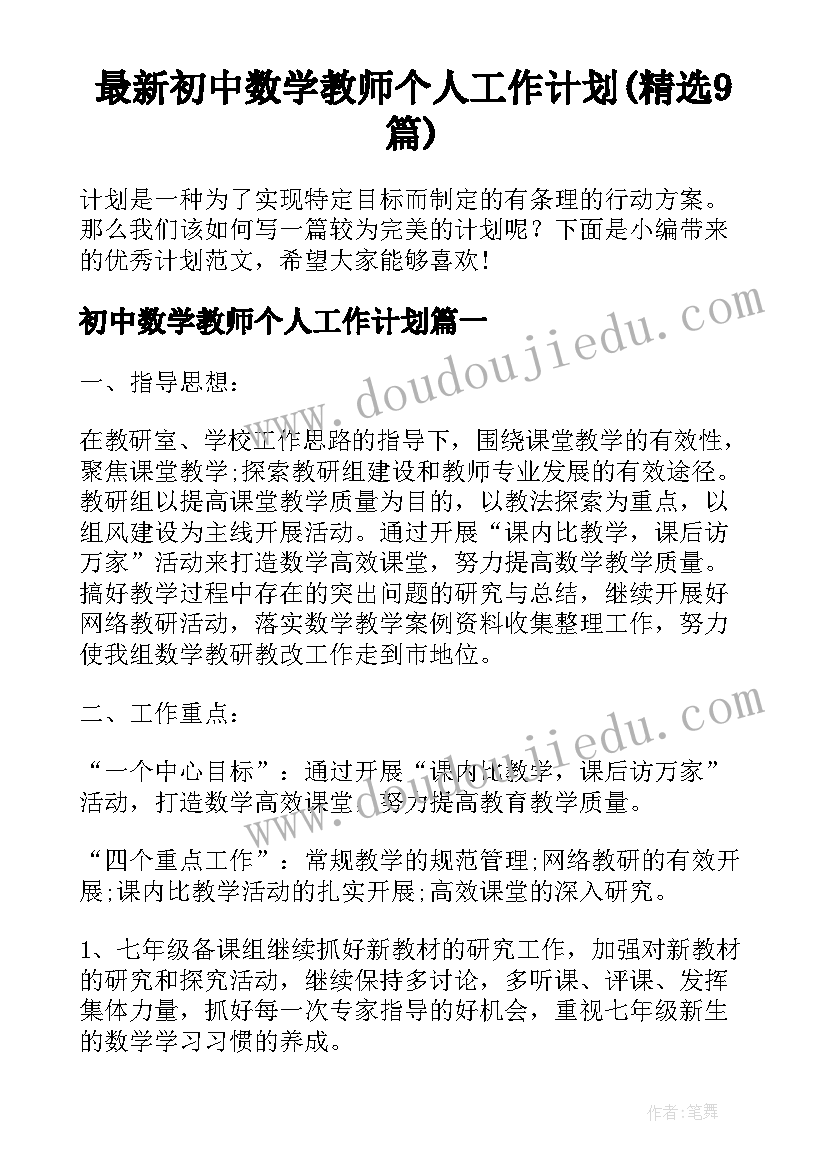 最新初中数学教师个人工作计划(精选9篇)