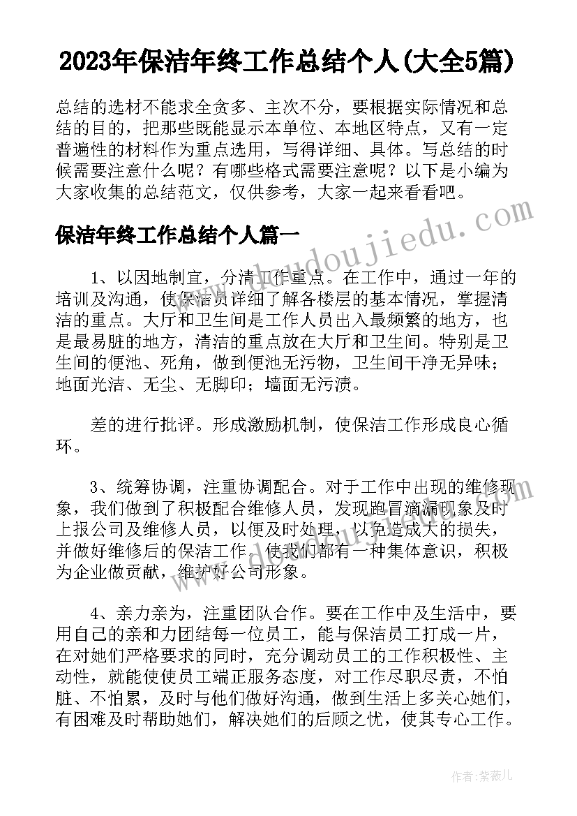 2023年保洁年终工作总结个人(大全5篇)