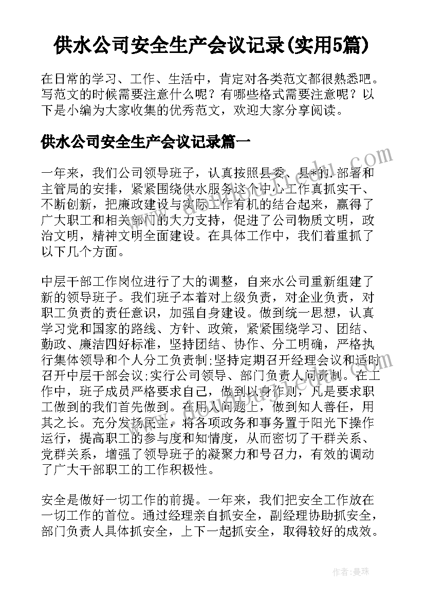 供水公司安全生产会议记录(实用5篇)