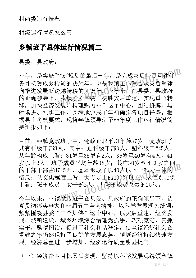 最新乡镇班子总体运行情况 乡镇村级两委班子运行情况报告(模板5篇)