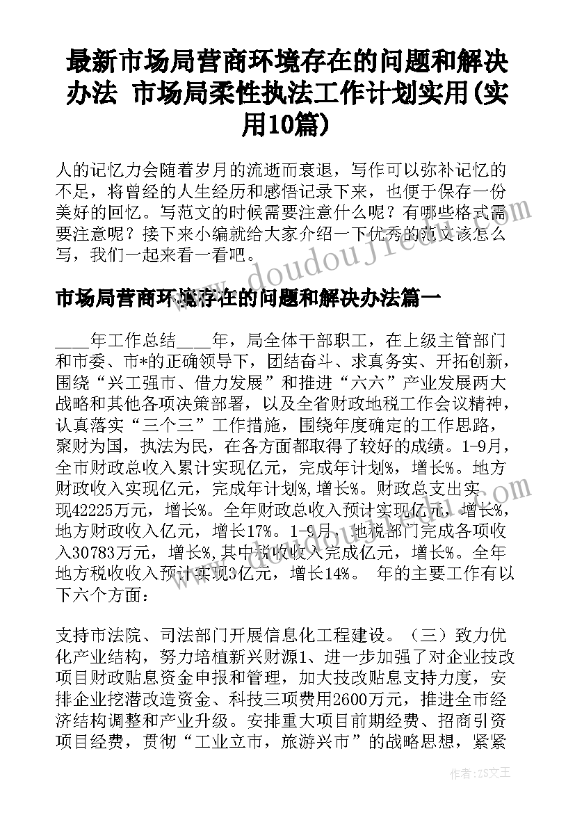 最新市场局营商环境存在的问题和解决办法 市场局柔性执法工作计划实用(实用10篇)