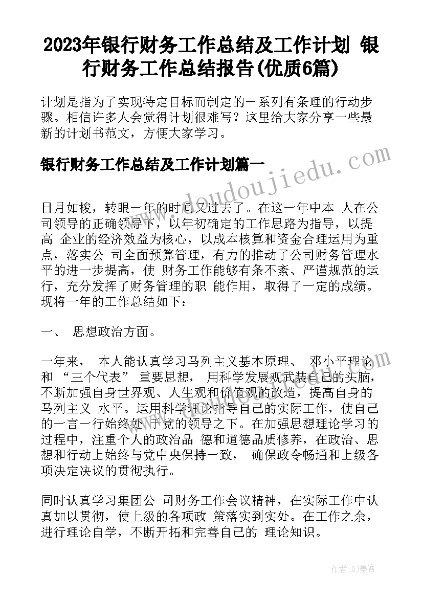 2023年银行财务工作总结及工作计划 银行财务工作总结报告(优质6篇)