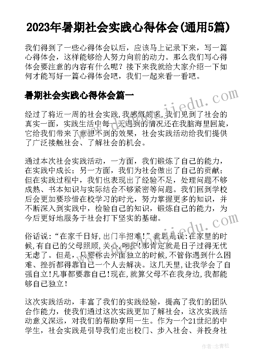 2023年暑期社会实践心得体会(通用5篇)