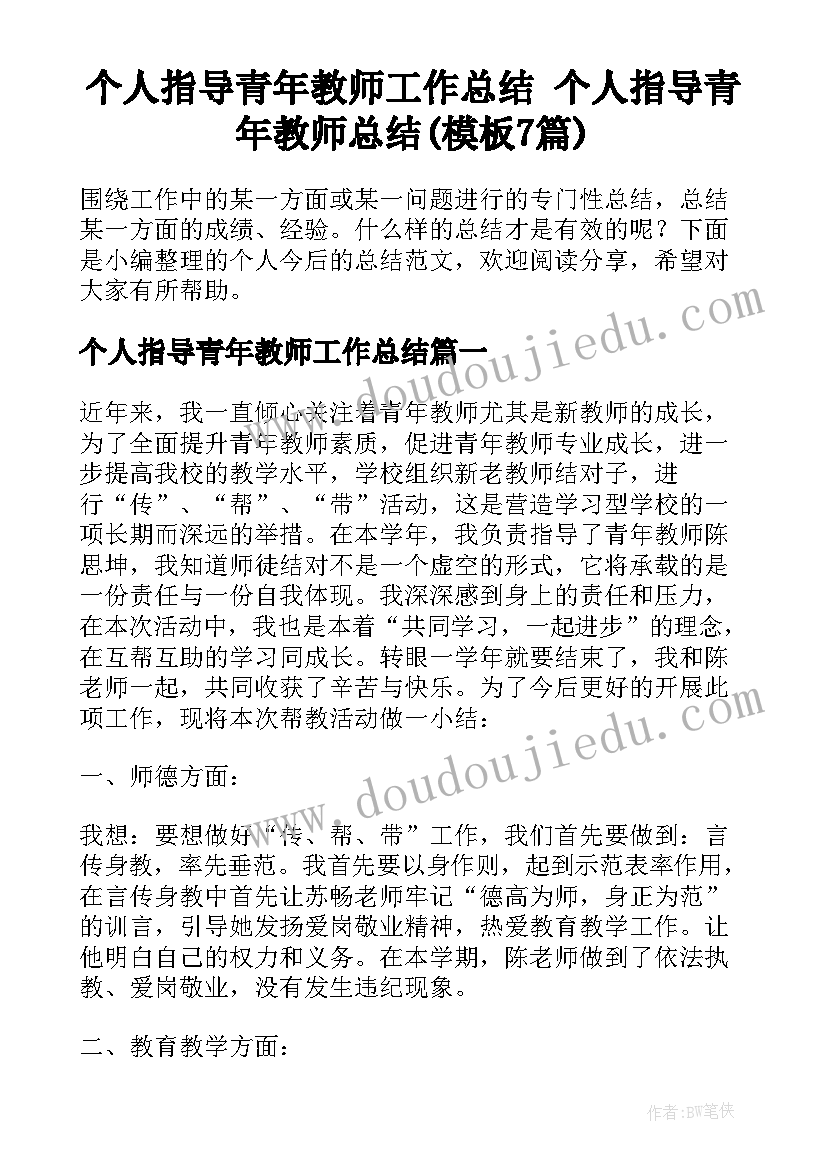 个人指导青年教师工作总结 个人指导青年教师总结(模板7篇)