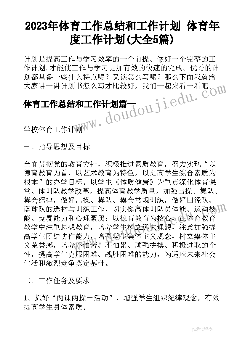 2023年体育工作总结和工作计划 体育年度工作计划(大全5篇)