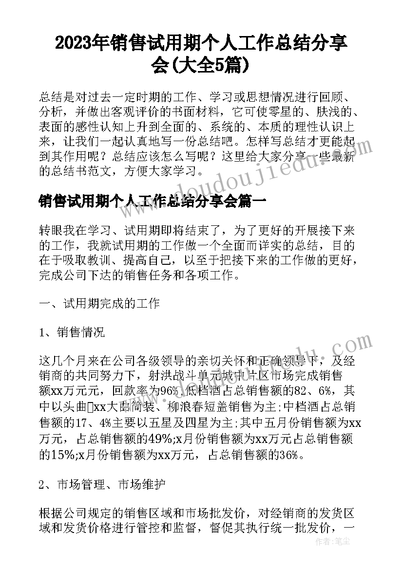 2023年销售试用期个人工作总结分享会(大全5篇)