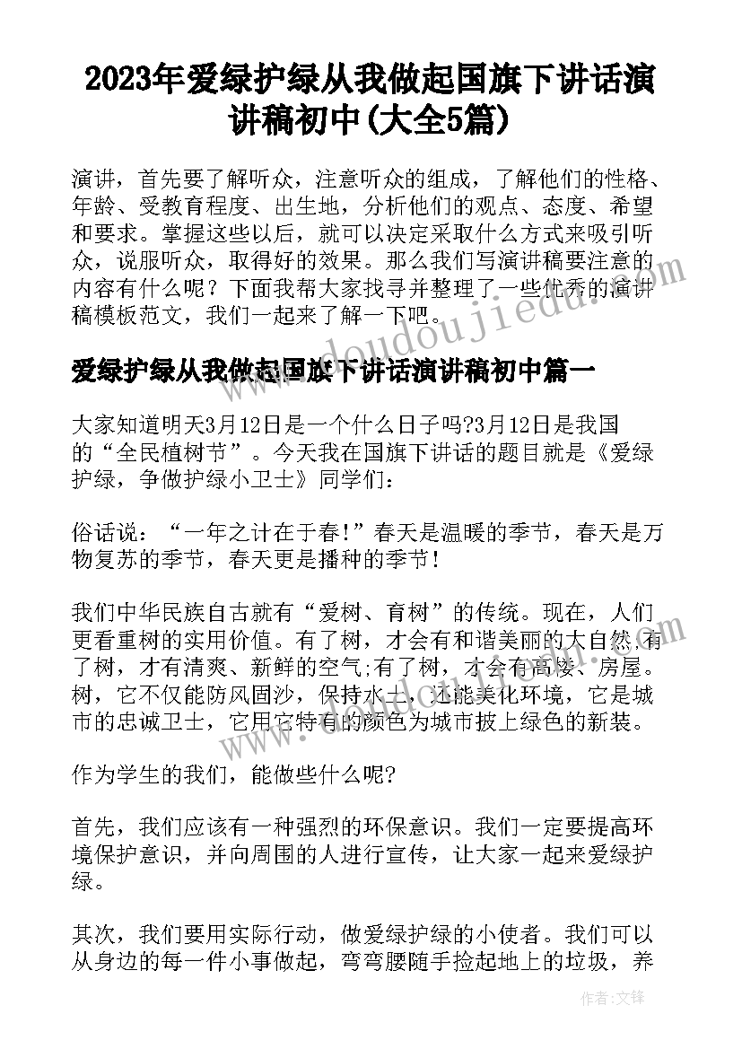 2023年爱绿护绿从我做起国旗下讲话演讲稿初中(大全5篇)