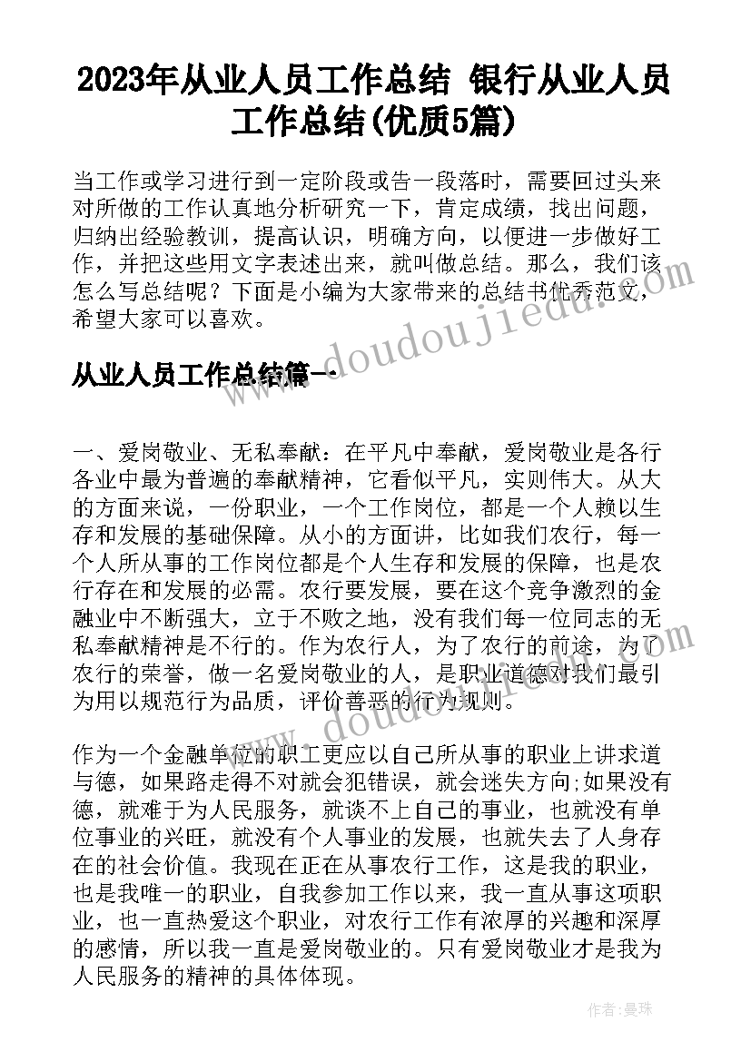 2023年从业人员工作总结 银行从业人员工作总结(优质5篇)