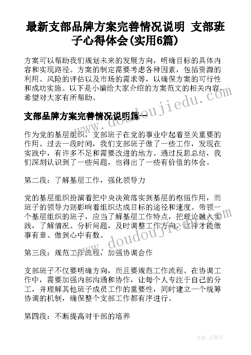 最新支部品牌方案完善情况说明 支部班子心得体会(实用6篇)