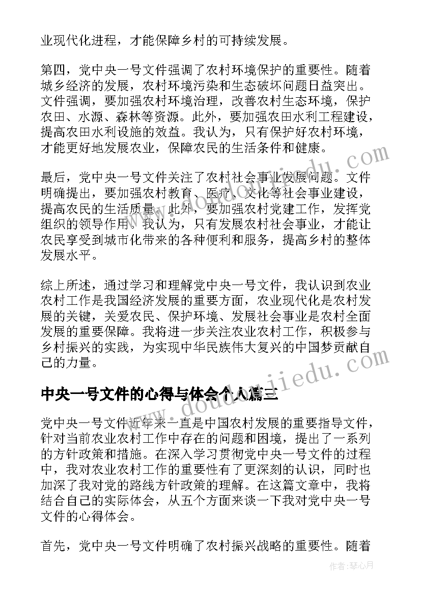 中央一号文件的心得与体会个人(汇总5篇)