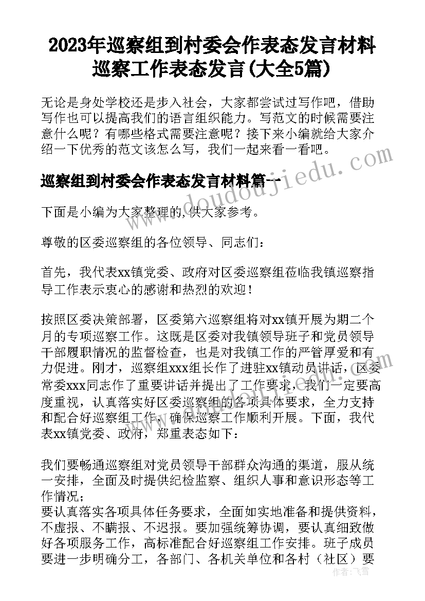 2023年巡察组到村委会作表态发言材料 巡察工作表态发言(大全5篇)