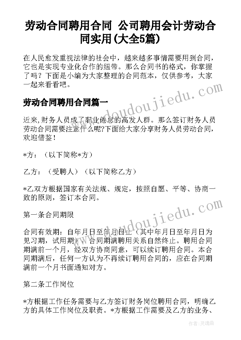 劳动合同聘用合同 公司聘用会计劳动合同实用(大全5篇)