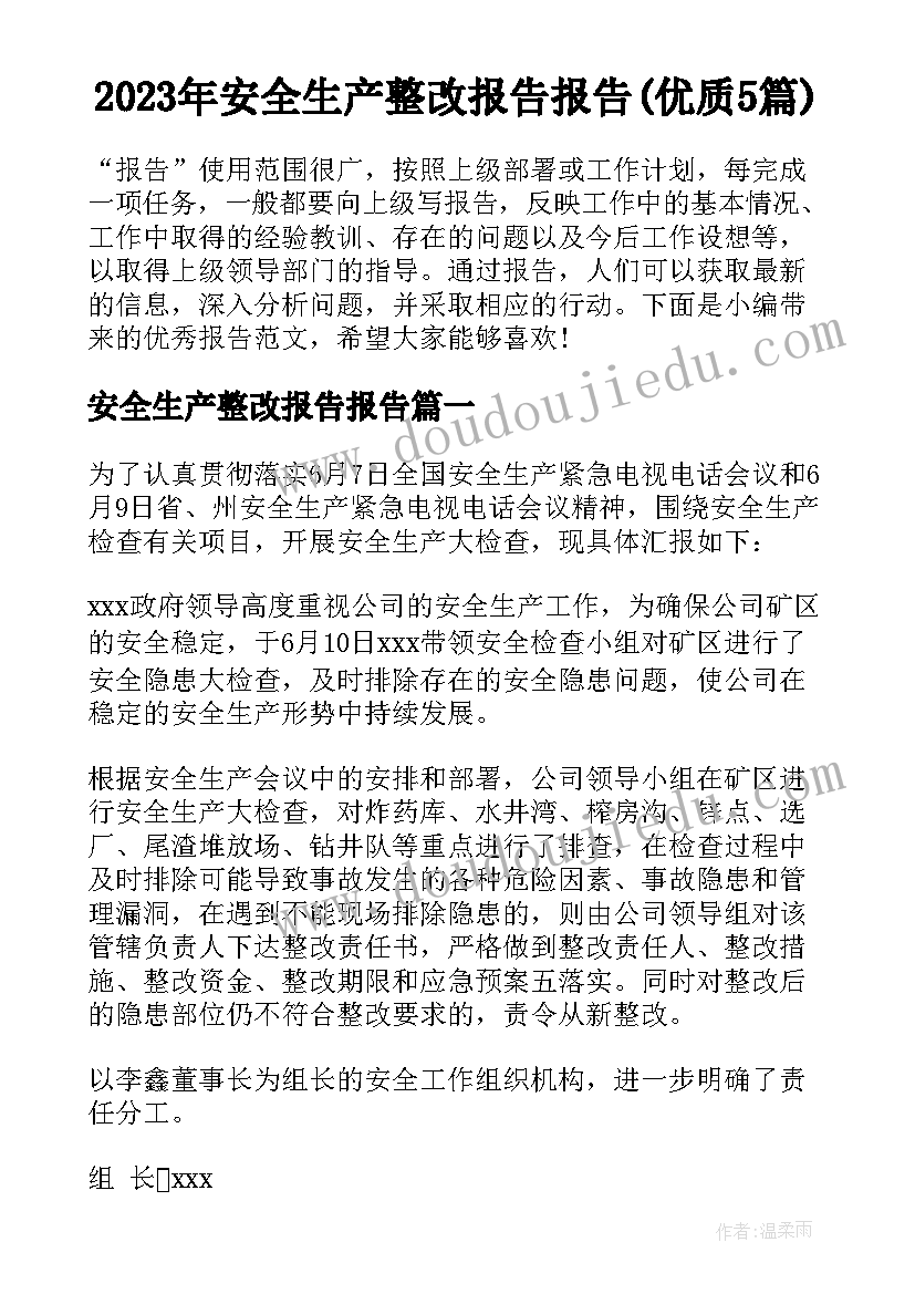 2023年安全生产整改报告报告(优质5篇)