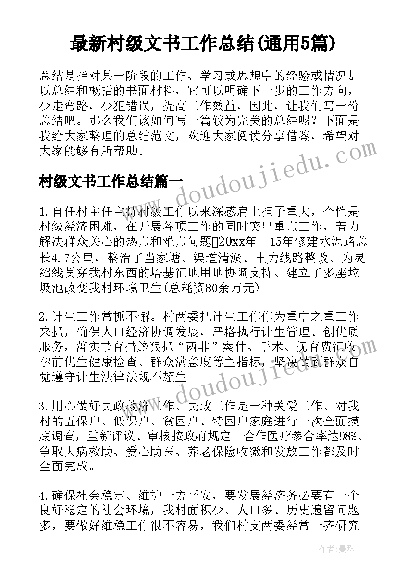 最新村级文书工作总结(通用5篇)