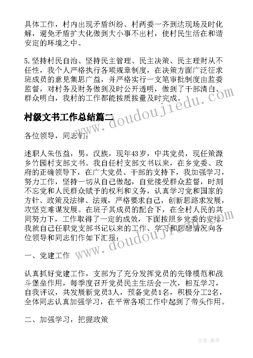 最新村级文书工作总结(通用5篇)