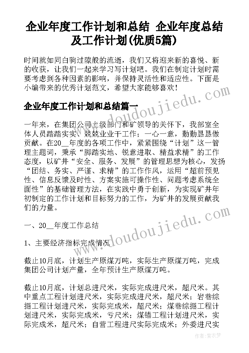 企业年度工作计划和总结 企业年度总结及工作计划(优质5篇)