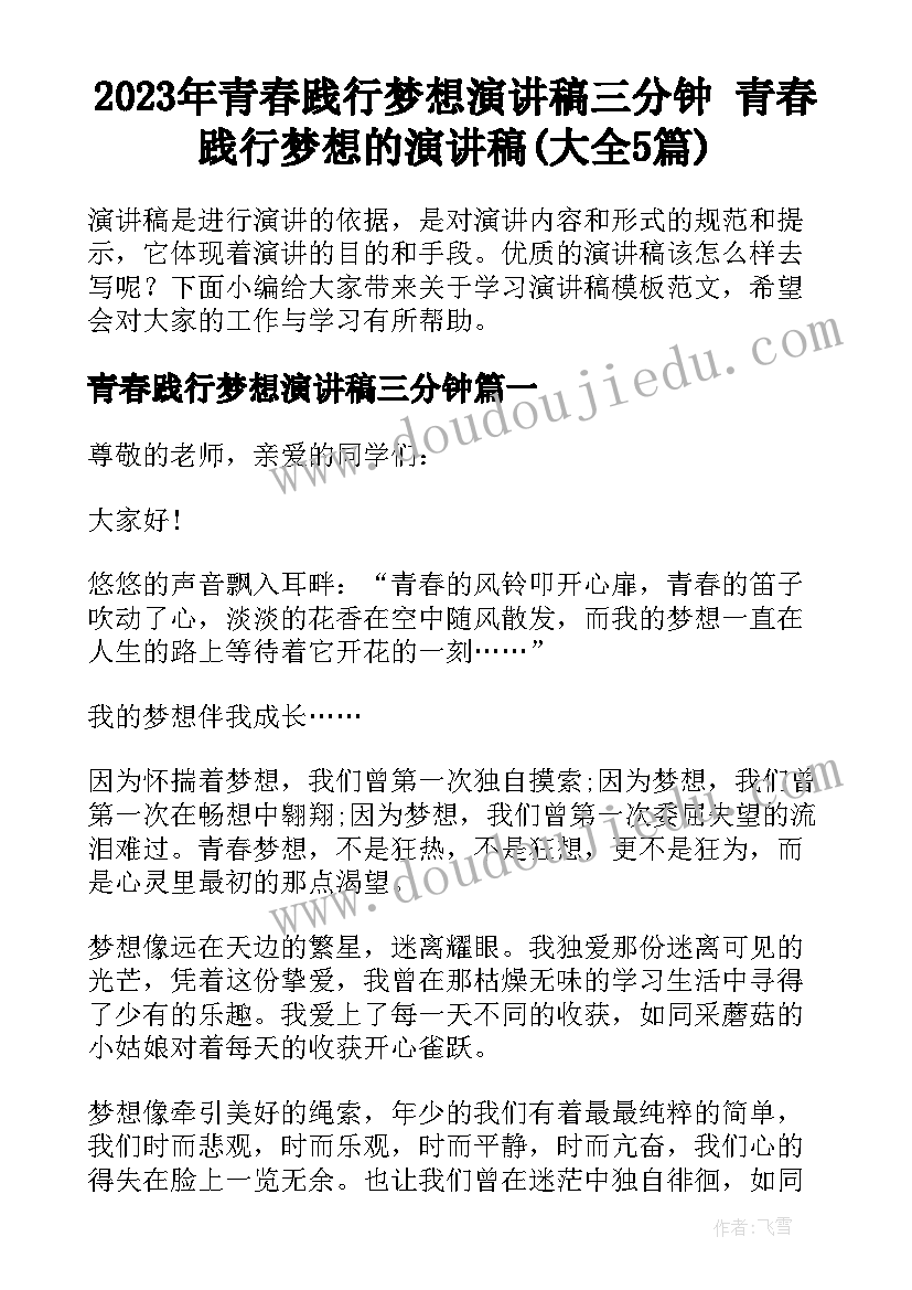 2023年青春践行梦想演讲稿三分钟 青春践行梦想的演讲稿(大全5篇)