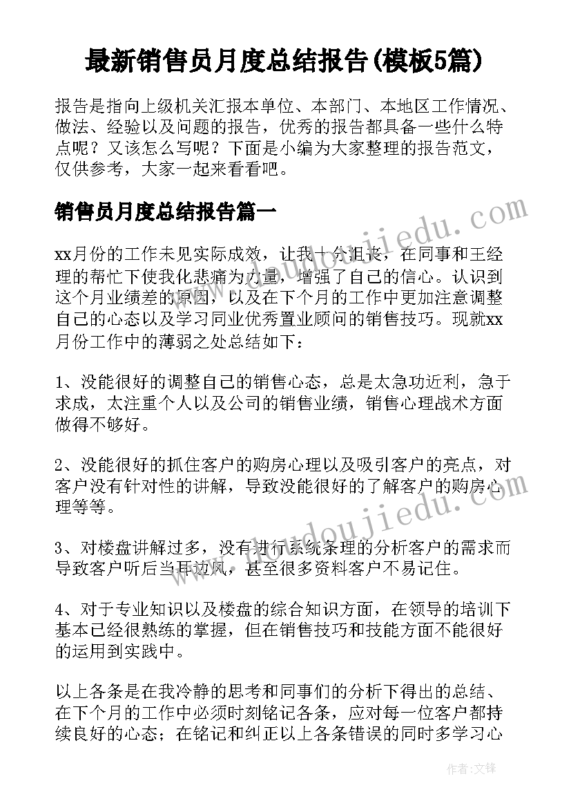 最新销售员月度总结报告(模板5篇)