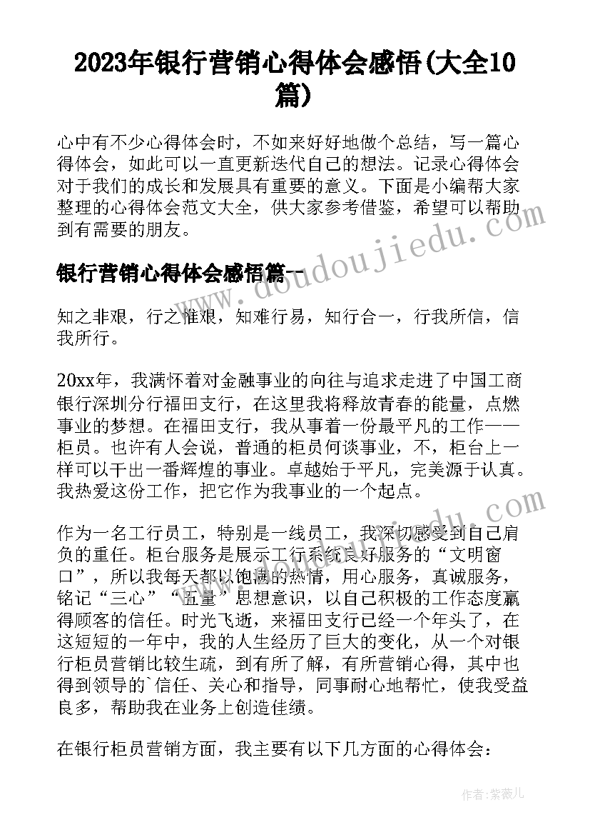 2023年银行营销心得体会感悟(大全10篇)